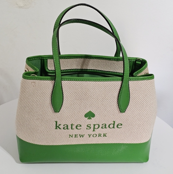 Kate Spade Green Canvas Logo Satchel Crossbody Strap Cherry Charm - Picture 5 of 16